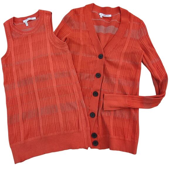 Derek Lam Women's 10 Crosby Orange Silk Layered Cardigan Set sz P Plaid Basic - Picture 1 of 12